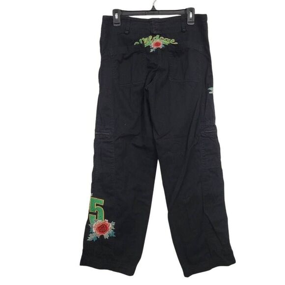 Y2K Johnny Was Wildcat Embroidered Parachute Cargo Pants Sz S Black Wide‎ Leg - Picture 2 of 7